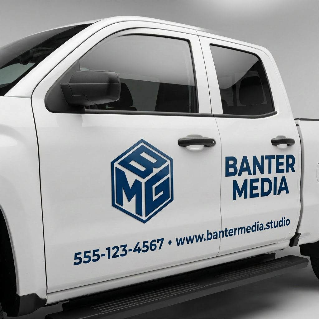 Mockup — Banter logo on a work truck door